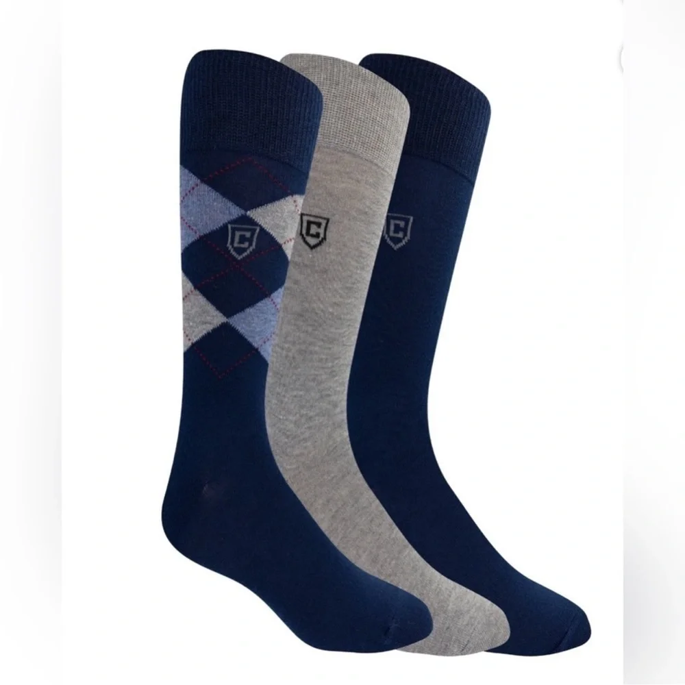 3 Chaps Classic Dress Argyle, Diamond, & Dot Crew Socks 3-Pair Pack Blue
